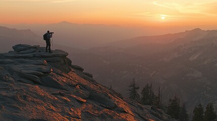 Fototapeta premium A photographer captures the breathtaking sunset from a majestic mountaintop embracing nature's beauty and serenity