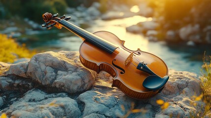 A beautifully crafted violin rests on a stone in a scenic outdoor landscape during sunset