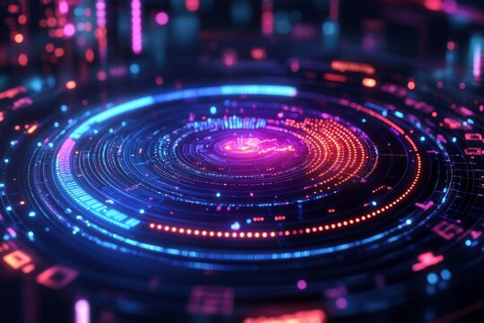 Abstract pie chart, neon effects, futuristic interface, data visualization