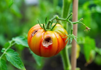 Obraz premium Ripe tomato with blossom end rot on vine in garden.