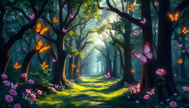 Fantasy world. Enchanted forest with beautiful butterflies, magic lights and sunlit way between trees isolated with white highlights, png