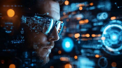 Man in AR Glasses with Futuristic Digital Interface