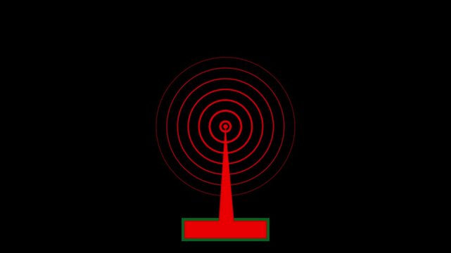 Technology Radio waves red color signal icon isolated animation on black background.