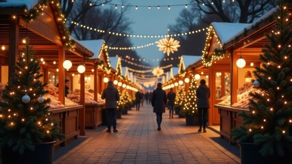 Fototapeta premium A festive evening stroll through a winter market adorned with twinkling lights, trees, and holiday decorations