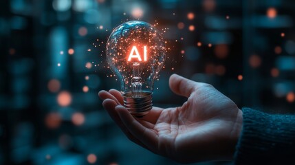 Business executive holding "AI" lightbulb, emphasizing the impact of artificial intelligence on future tech