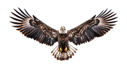 Obraz premium A majestic eagle soaring with outstretched wings against a white background.