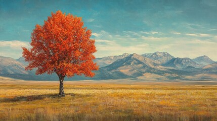 Fototapeta premium A single, vibrant red tree stands out against a backdrop of golden fields and distant mountains.
