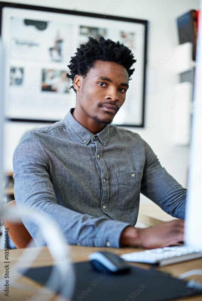 Poster Computer, creative and portrait with black man in office for service designer, workflow mapping and website ui. Project management, target audience and feedback with person and online for startup