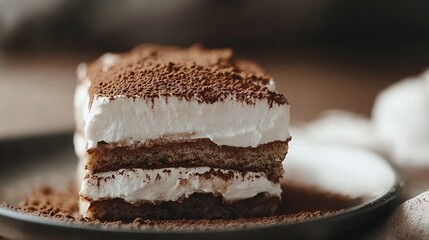   Closer look at a scrumptious cake on a dish, dusted with snowy powdered sugar