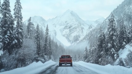 car in the snowy mountains in winter