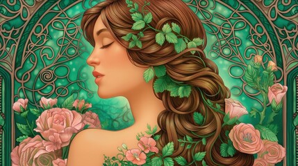 Woman with leaves in hair and roses in art nouveau style 2D illustration, ai generated