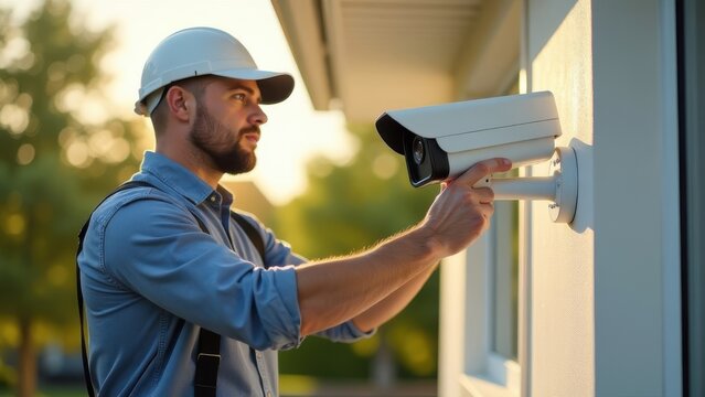 A technician installs a security camera on a residential building during golden hour in a suburban neighborhood