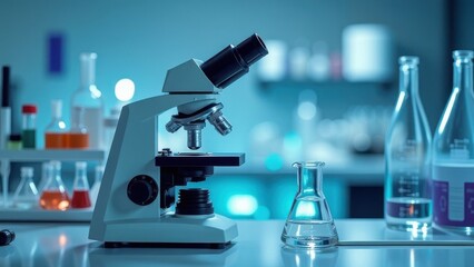 A detailed exploration of a laboratory microscope and glassware highlighting scientific research practices in a modern lab setting