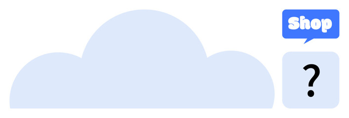 A light blue cloud with a speech bubble containing the word Shop and another speech bubble with a question mark. Ideal for e-commerce, digital marketing, online services, cloud computing, web design