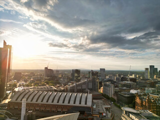 High Angle View of iconic Buildings at Central Greater Manchester City Centre and Tall Buildings During Golden Hour of Sunset over England UK. May 5th, 2024.