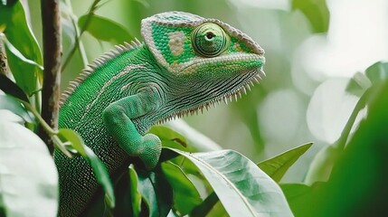    a green chameleon on a tree branch surrounded by leaves