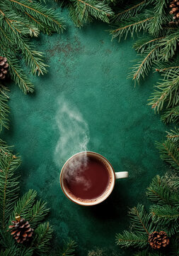 tasse de chocolat chaud sur un fond vert d&eacute;cor&eacute; avec branches de sapins de no&euml;l	 - vu de dessus
