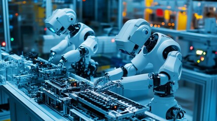 Fototapeta premium A demonstration of robot technology in which robots assemble parts and perform tasks automatically in a high-tech manufacturing plant.