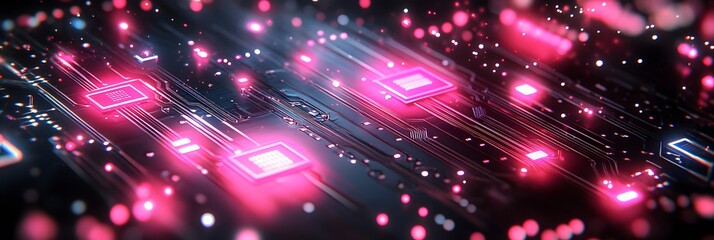Fototapeta premium A computer chip with pink lights on it. The image is of a computer chip with pink lights on it, creating a vibrant and eye-catching display. The pink lights are scattered across the chip