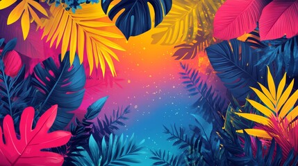 Fototapeta premium A colorful array of exotic leaves and abstract shapes, creating a vibrant summer-themed design