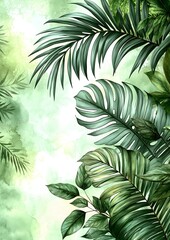 A painting of a lush green jungle with palm trees and leaves. The painting has a calming and peaceful mood, with the green color palette and the natural elements of the jungle