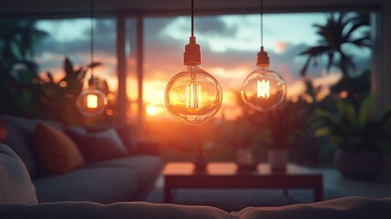 Three hanging light bulbs illuminate a living room with a sunset view.