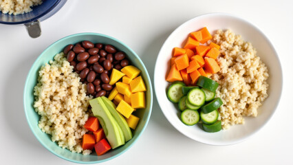 Two bowls of rice, beans, and vegetables.