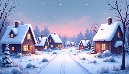 Fototapeta premium Charming winter village with snow-covered houses and a picturesque pathway at twilight