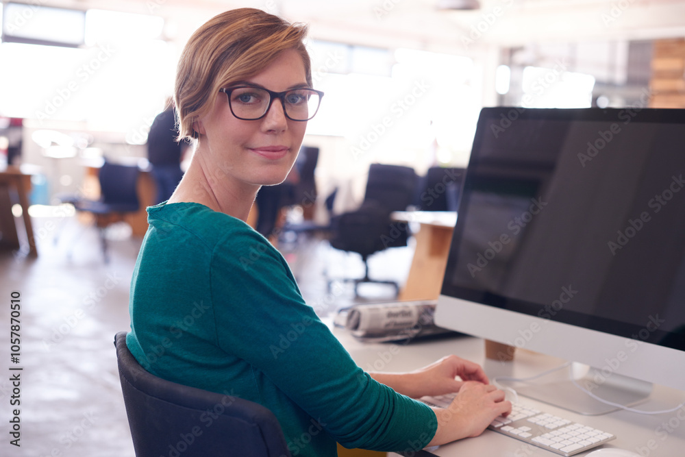 Poster Woman, computer screen or glasses in portrait for web design, creativity or business update in office. Software developer, IT person or tech in digital agency for coding, programming and connectivity