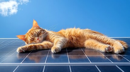 Ginger cat sleeping on solar panel under blue sky