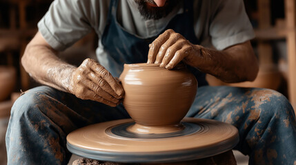 Close-up of a potter's hands shaping clay on a pottery wheel, creating a bowl in an artisan workshop setting with visible textures of wet clay and concentrated craftsmanship.
