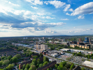 Obraz premium High Angle View of iconic Buildings at Central Greater Manchester City Centre and Tall Buildings During Golden Hour of Sunset over England UK. May 5th, 2024.