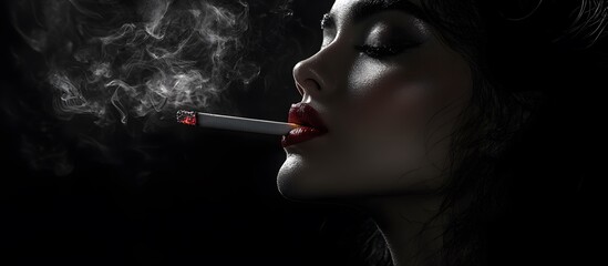 A woman is depicted in profile as she exhales smoke from a cigarette, creating a mesmerizing swirl against a dark background.