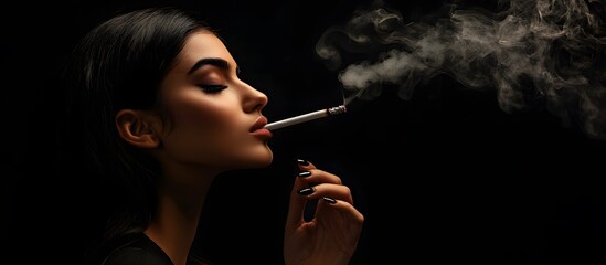 Fototapeta premium In this striking black-and-white image, a woman is portrayed in close-up profile with a cigarette between her parted lips, exhaling a delicate stream of smoke that swirls gracefully in the dark atmosp