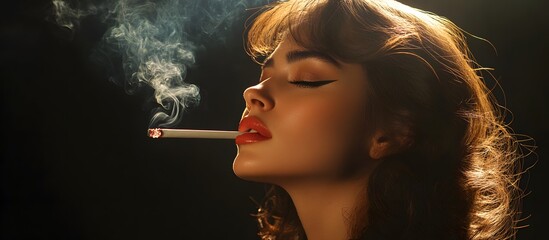 Obraz premium A woman with classic, vintage-style makeup is depicted with a cigarette between her lips, exuding an aura of sophistication and allure.