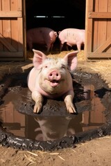 Pig lying in muddy patch with barn in background