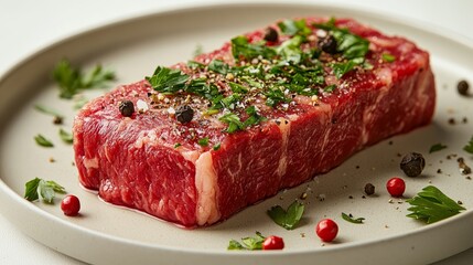 Raw beef steak seasoned with salt, pepper and parsley on plate