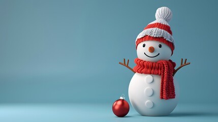 Fototapeta premium cute snowman with knitted hat and scarf on blue background, copy space, Perfect for Christmas design