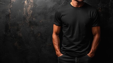Muscular man wearing black t-shirt and jeans against dark background