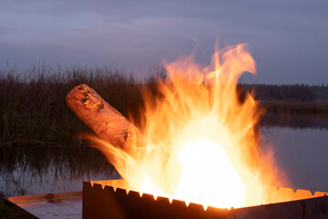 Firewood is burning in the barbecue