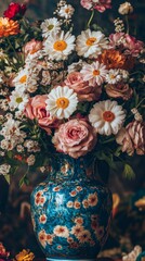 Colorful bouquet of roses and daisies overflowing from a blue vase