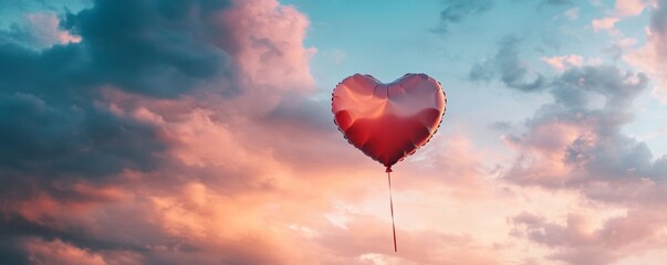 Fototapeta premium Heart shaped balloon floating in cloudy sky at sunset