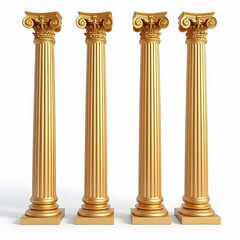 Pair of Golden Classical Columns Isolated on White Background
