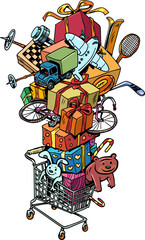 Lots of toys gifts for children. Set of items in the cart. Buying gifts for the holiday.