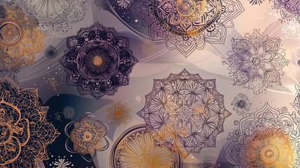 Intricate mandala art on gradient background with gold and purple accents