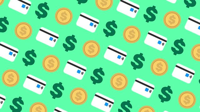 &Iacute;conos animados de m&eacute;todos de pago. Moneda, tarjeta de cr&eacute;dito y signo de d&oacute;lar.