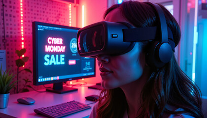Young woman wearing VR headset in a tech-savvy home office during a Cyber Monday sale
