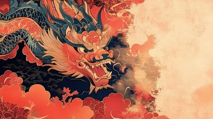 Fierce Dragon Amidst Fiery Clouds and Vibrant Blossoms