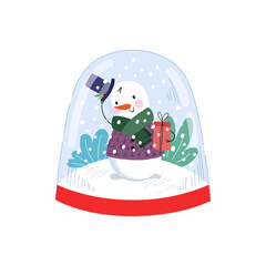 Snowball with decoration snowman and trees. Christmas card. Crystal snow globe isolated on white background. Merry Christmas and Happy New Year. Vector illustration.
