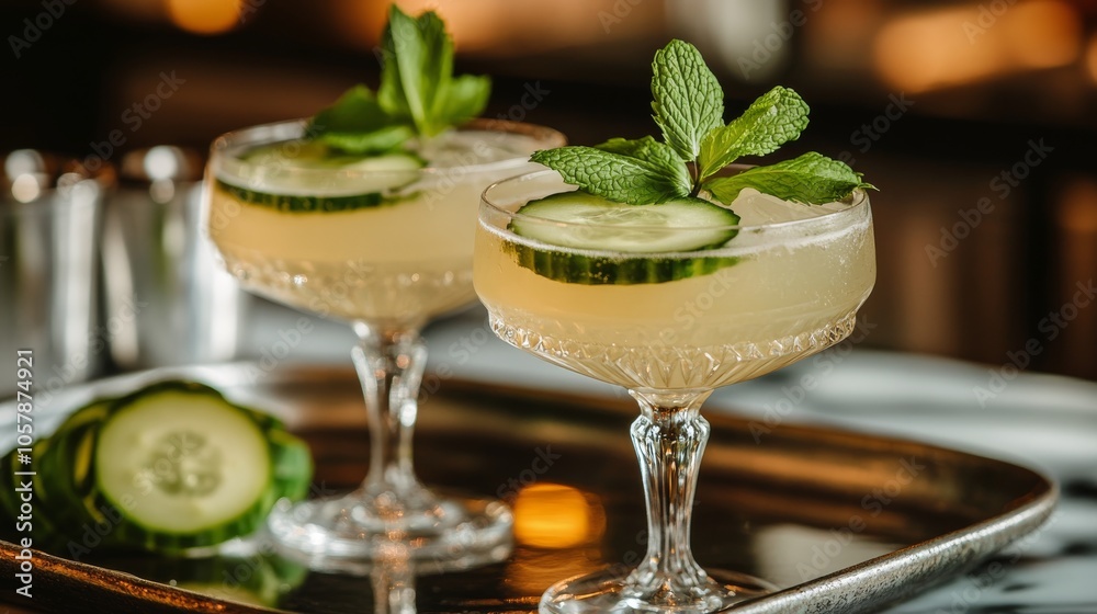 Wall mural Refreshing cucumber mint drinks served in stylish glasses on a kitchen countertop